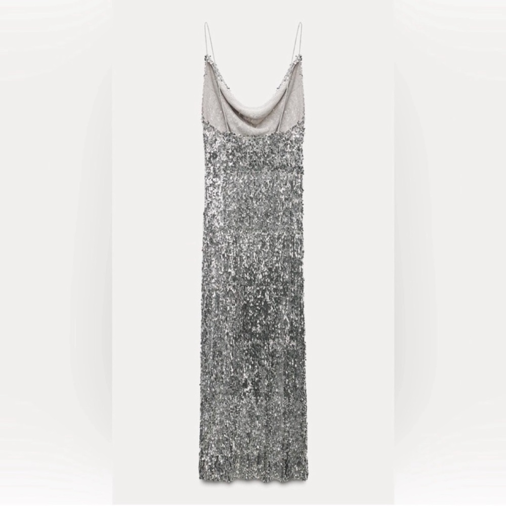 NWT Zara Silver Sequin Maxi Dress Size S - Picture 5 of 16